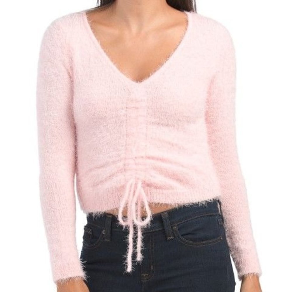Cozy Soft Fluffy Knit Juniors V-neck Cropped Pink Sweater Top Women Size L